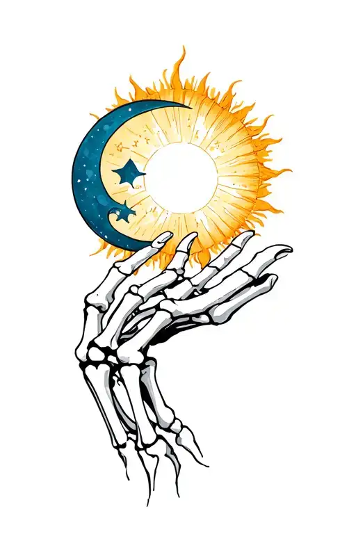 skeleton hand holding sun and moon tattoo design idea