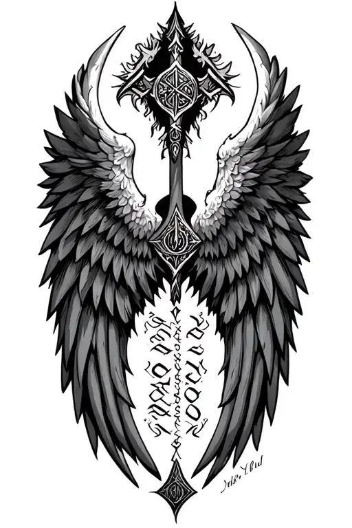 vggdarsil and Valkyrie wings with Norse script between the wings tattoo design idea