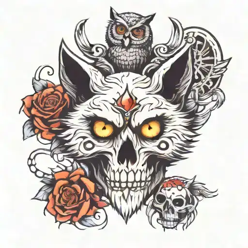 3 eyed wolf wearing a skull top of the skull an owl sitting  tattoo design idea