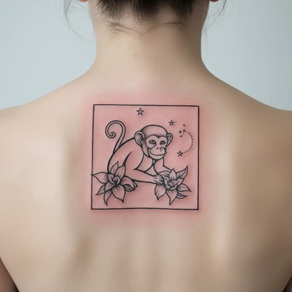 monkey with bali flower with stars forming tattoo design idea