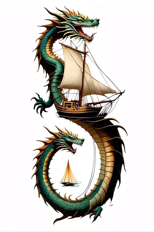 dragon wrapped around a sail boat tattoo design idea