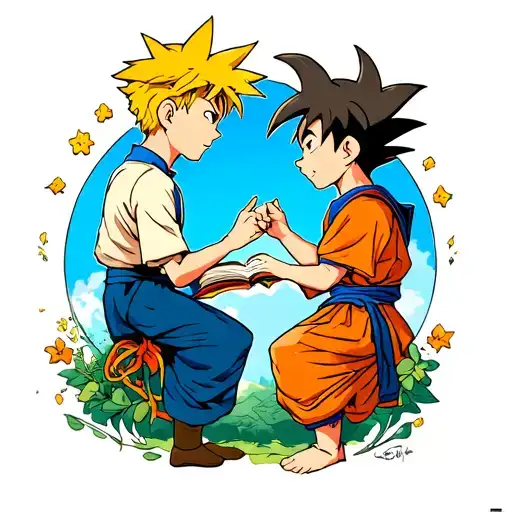 A mashup tattoo of the Little Prince and Son Goku engaging in a friendly conversation, with elements representing education and teaching in the background tattoo design idea