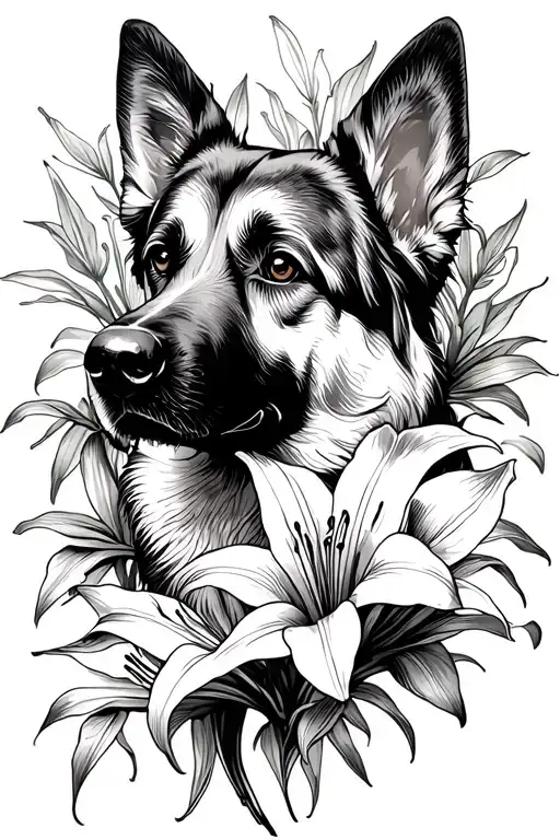 arm with the german shepherd side profile silhouette , spider lillies  tattoo design idea