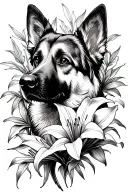 arm with the german shepherd side profile silhouette , spider lillies  tattoo design idea