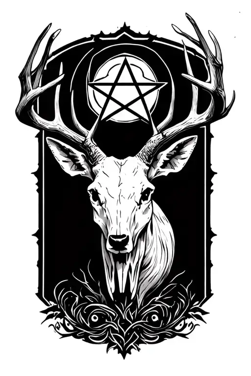 centerd deer skull with pentagram along antlers intertwined tattoo design idea