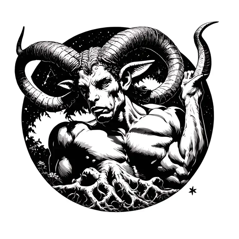 gay male horned satyr with massive bodybuilder muscles. tree roots, constellations, woodland wild animals tattoo design idea