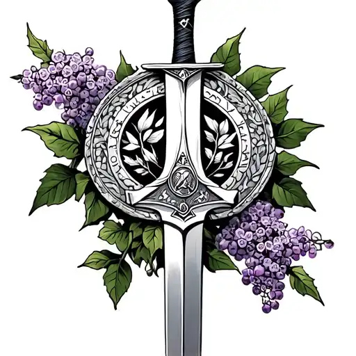 Geralt of Rivias silver sword with the school of the wold medallion surrounded by a lilac bush and gooseberry bush tattoo design idea
