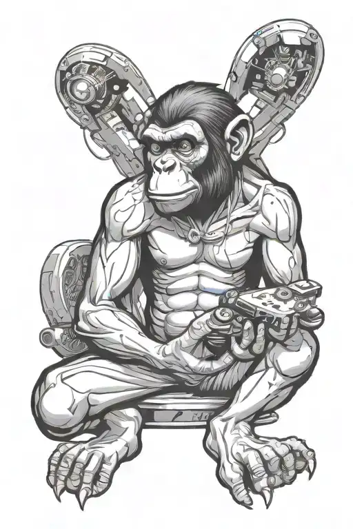 black/white comic Tattoo-Idea: Male ape sitting in front of a windo with joint in his mouth, playing videogames in Space tattoo design idea