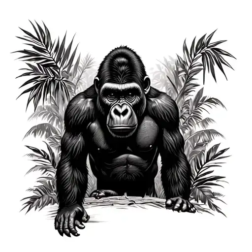 Tattoo Design: Nigerian Jungle Gorilla with Yoruba Symbol •	Dense Nigerian rainforest with layered palm leaves, vines tattoo design idea