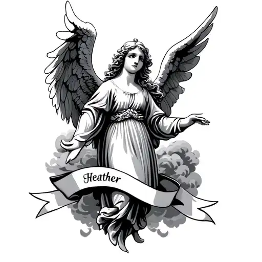black and grey beautiful angel with smooth clouds and a ribbon banner with the name heather in the ribbon banner  tattoo design idea