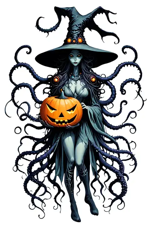 cyber witch holding jack-o'-lantern, tentacles, space, eldritch tattoo design idea