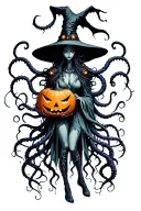 cyber witch holding jack-o'-lantern, tentacles, space, eldritch tattoo design idea