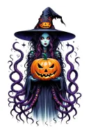cyber witch holding jack-o'-lantern, tentacles, space, eldritch tattoo design idea