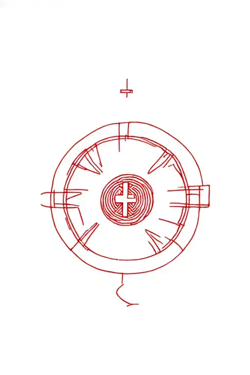 Single communion wafer with subtle red ihs etching in the center.Thin, unbroken lines creating a circular host design tattoo design idea