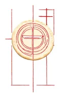 Single communion wafer with subtle red ihs etching in the center.Thin, unbroken lines creating a circular host design tattoo design idea