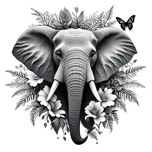 elephant head, flowers, butterfly, bird, ferns, tree of life tattoo design idea
