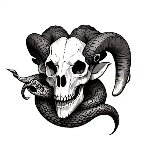 serpent and ram skull surrounded tattoo design idea