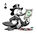 scrooge mcduck, holding money, with casino roulette on bottom. 7 of spades, 7 of hearts, 7 of diamonds tattoo design idea