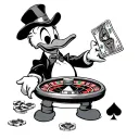 scrooge mcduck, holding money, with casino roulette on bottom. 7 of spades, 7 of hearts, 7 of diamonds tattoo design idea