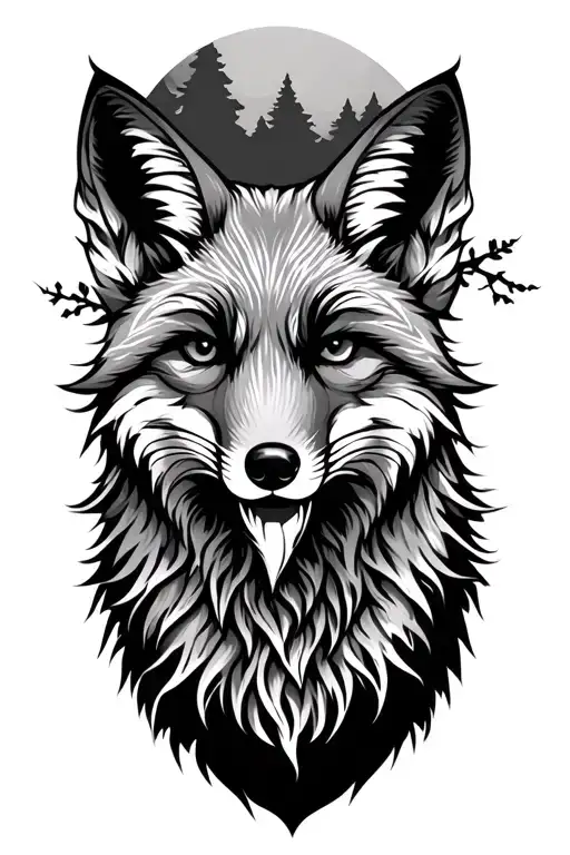 aggressive fox and nature like trees tattoo design idea