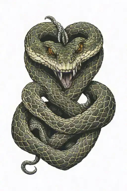 snakes biting a heart tattoo design idea