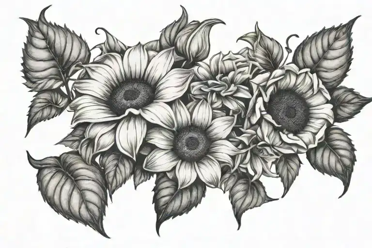 morning glory, sunflower, rose tattoo design idea