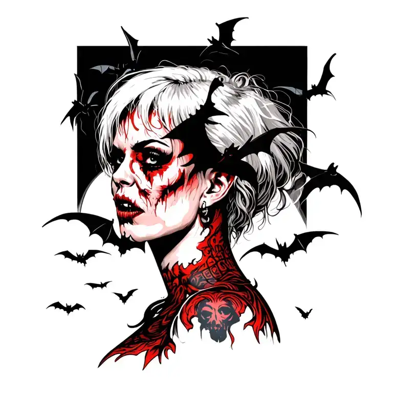 woman punk with gang of bats tattoo design idea