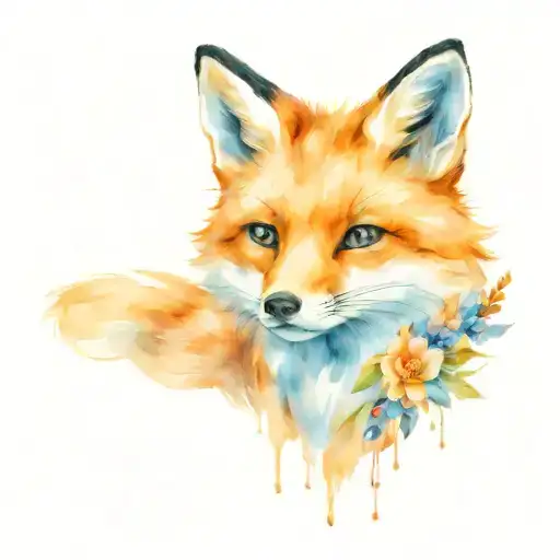 Little fox with flowers around, blue and orange colors tattoo design idea
