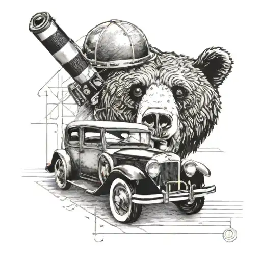 Engineer's blueprint design of a classic car with a grizzly bear peeking out from behind it tattoo design idea