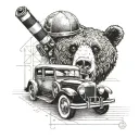 Engineer's blueprint design of a classic car with a grizzly bear peeking out from behind it tattoo design idea