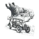 Engineer's blueprint design of a classic car with a grizzly bear peeking out from behind it tattoo design idea