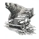 Engineer's blueprint design of a classic car with a grizzly bear peeking out from behind it tattoo design idea