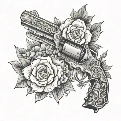 words "outlaw woman" with revolvers and flowers growing tattoo design idea