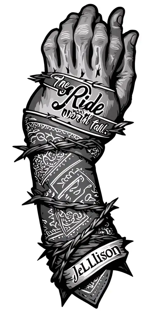"the ride was worth the fall" make me a sleeve on the outside of my arm with, barbed wire, the last name Jellison , bandana print, tooled leather,  tattoo design idea