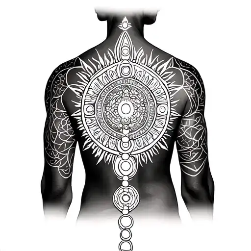 Man full back geometric with the 7 chakras going down the spine, mandala and some background  tattoo design idea