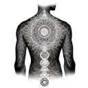 Man full back geometric with the 7 chakras going down the spine, mandala and some background  tattoo design idea