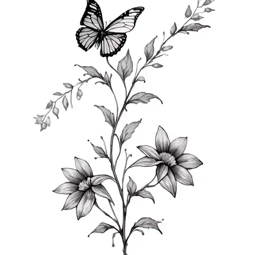 vine with butterfly 2 cosmo flowers and two larkspur flowers tattoo design idea