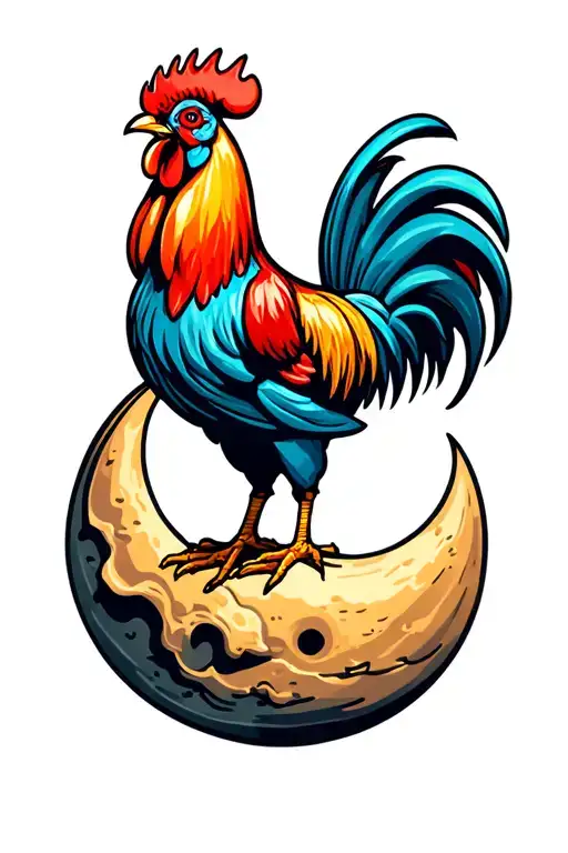 cool rooster on the moon tattoo design idea