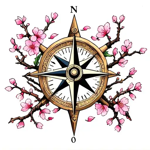 old school compass rose intertwined with cherry blossoms branches blooming and petals falling  tattoo design idea