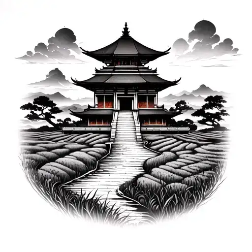 A majestic pagoda nestled among lush rice fields terraces tattoo design idea
