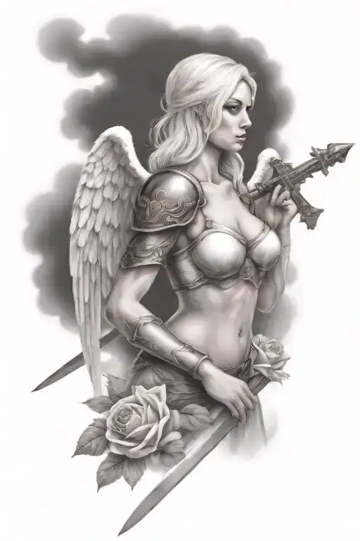 a sexy blond female angel as a warrior with some clouds, a rose and a Cross for a halfsleeve tattoo tattoo design idea