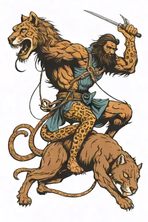 Draw a Sasquatch riding a mountain lion like a horse while using a snake as a lasso. Use a traditional American tattoo tattoo design idea