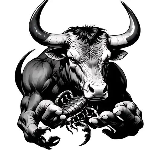 strong and powerful bull with nose ring holding a scorpion in his hands tattoo design idea