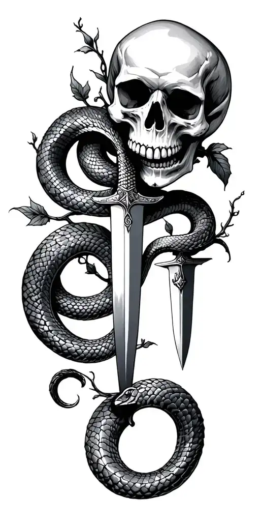hand snake and dagger with skull and vines tattoo design idea