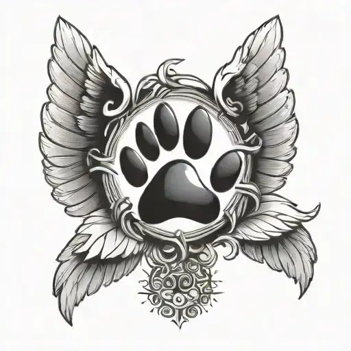 paw print with sun rays and angel wings tattoo design idea