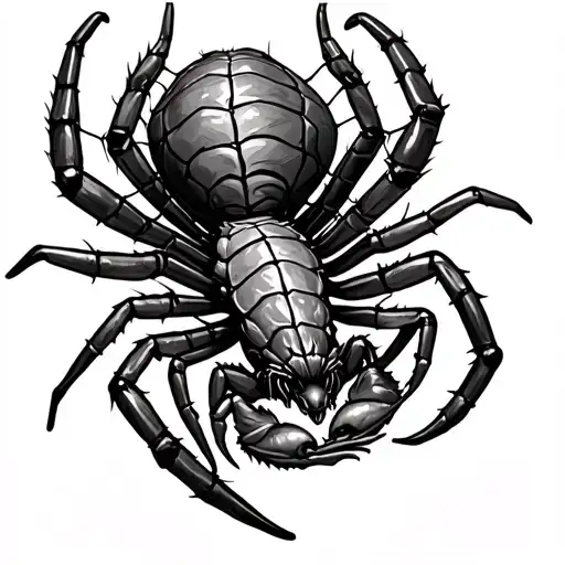 "A three-dimensional (3D) tattoo design on the arm, featuring a large spider trapping a predatory scorpion in its webs. Spider and Scorpion tattoo design idea