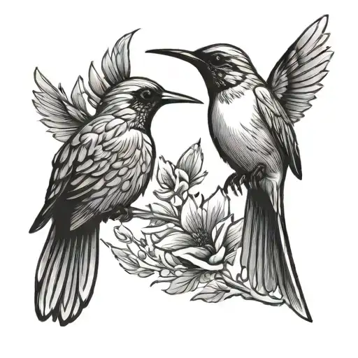 minimal cardinal and hummingbird flying tattoo design idea