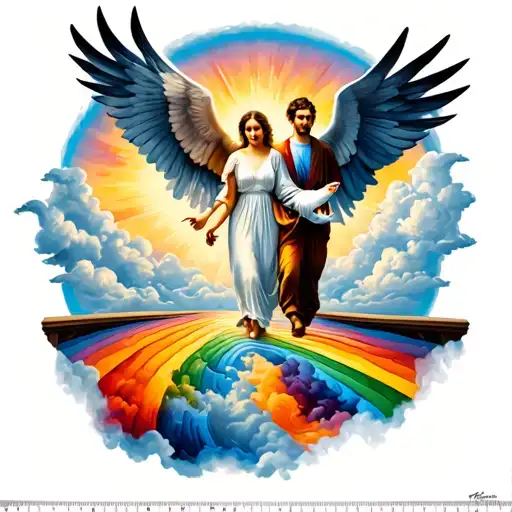God on clouds man and woman walking over the rainbow bridge with doves tattoo design idea