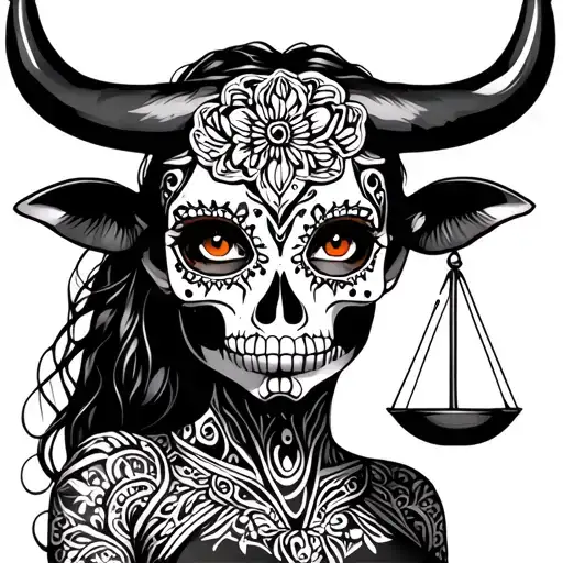 woman body bull with sugar skull markings, brown eyes and two Libra scales with extra dark background tattoo design idea