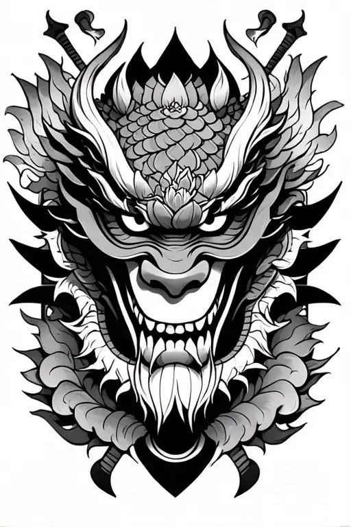 oni mask surrounded by dragon scales with lotus flower and katanas as accent tattoo design idea